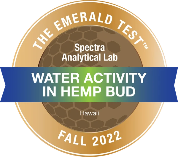 The Emerald Test badge: Water Activity in Hemp Bud, Fall 2022, Spectra Analytical Lab