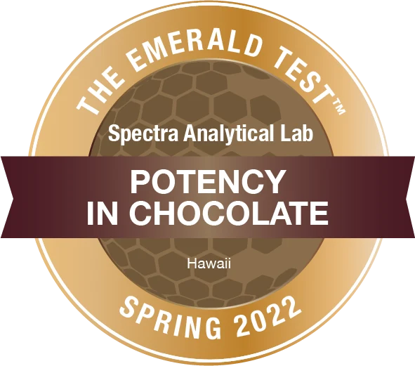 The Emerald Test badge: Potency in Chocolate, Spring 2022, Spectra Analytical Lab