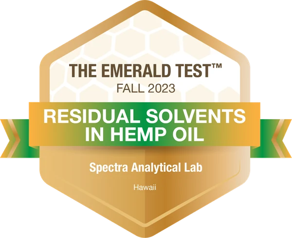 The Emerald Test badge: Residual Solvents in Hemp Oil, Fall 2023, Spectra Analytical Lab