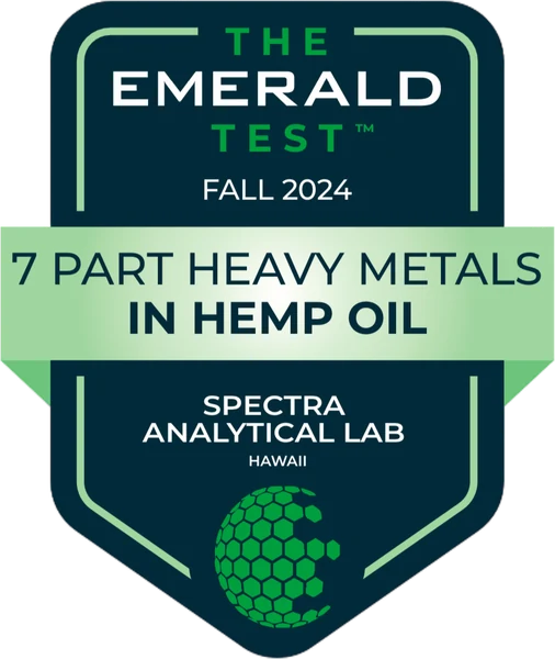 The Emerald Test badge: 7 Part Heavy Metals in Hemp Oil, Fall 2024, Spectra Analytical Lab
