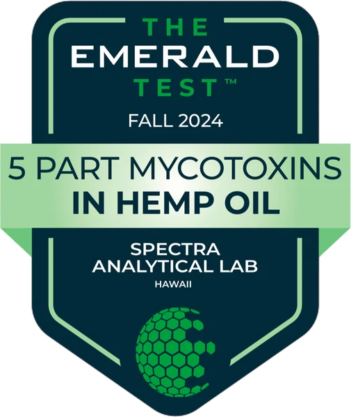 The Emerald Test badge: 5 Part Mycotoxins in Hemp Oil, Fall 2024, Spectra Analytical Lab