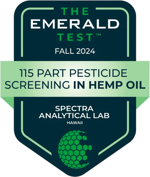 The Emerald Test badge: 115 Part Pesticide Screening in Hemp Oil, Fall 2024, Spectra Analytical Lab