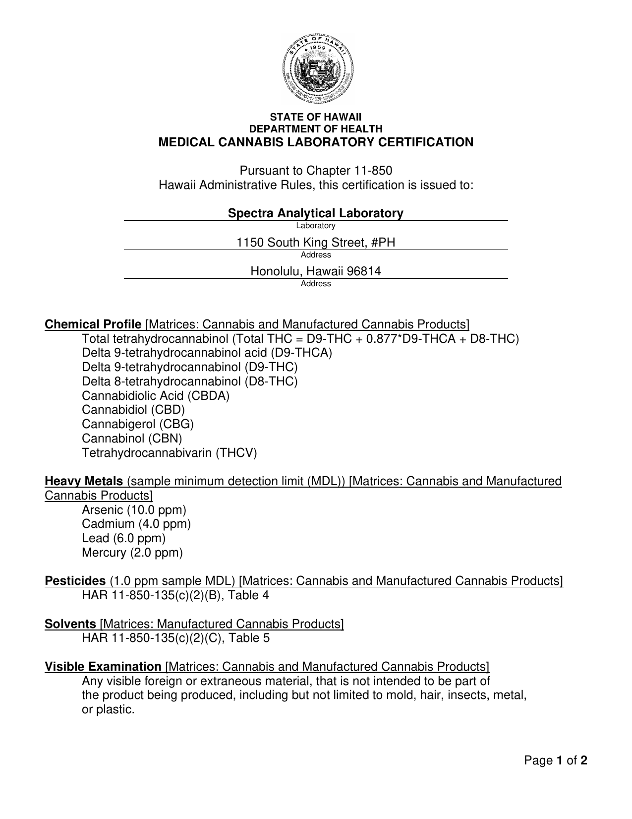 Hawaii Department of Health certification, page 1