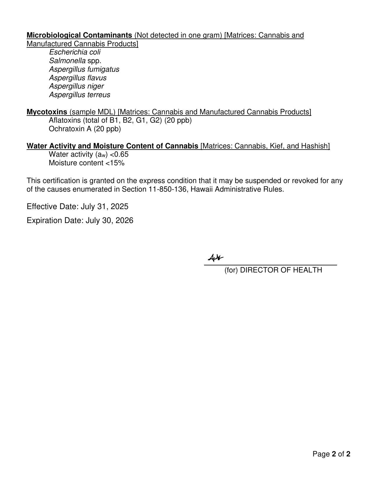 Hawaii Department of Health certification, page 2